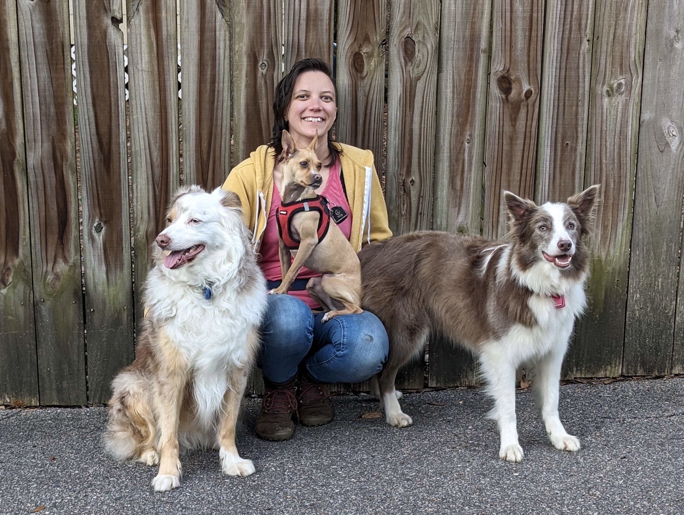 Autumn and her three dogs: Australian Shepherd, Chihuahua mix, and Border Collie